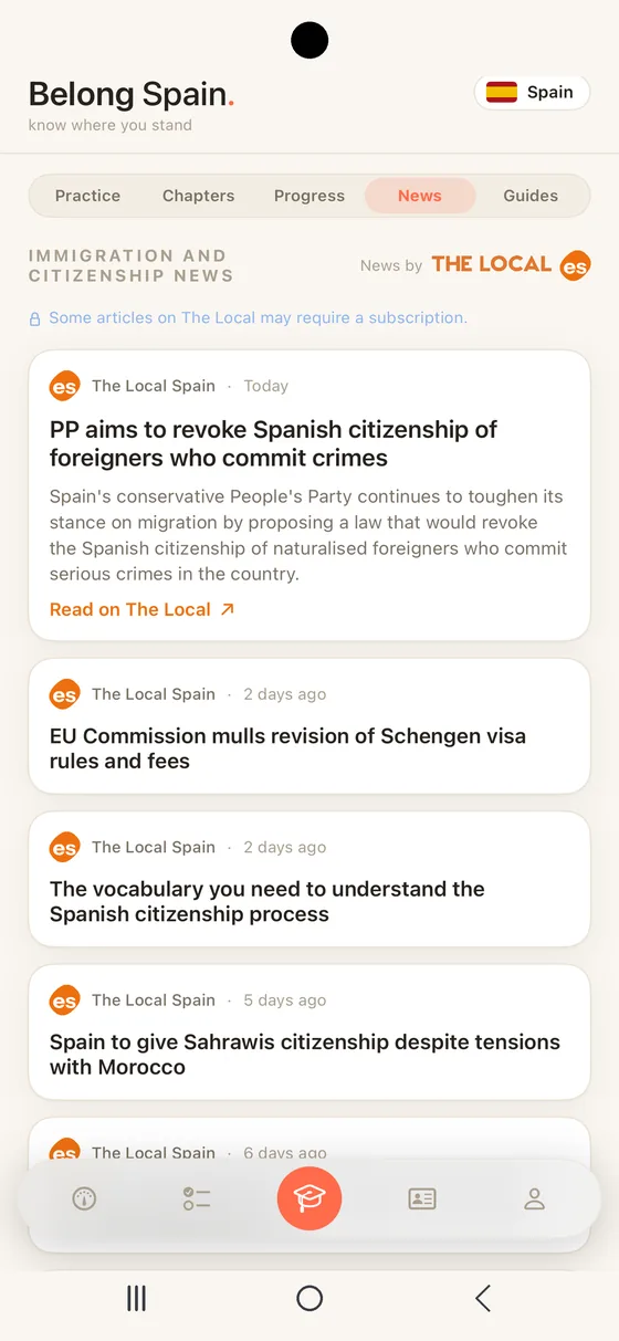 Belong Spain News segment on Android with immigration and nationality stories from The Local Spain
