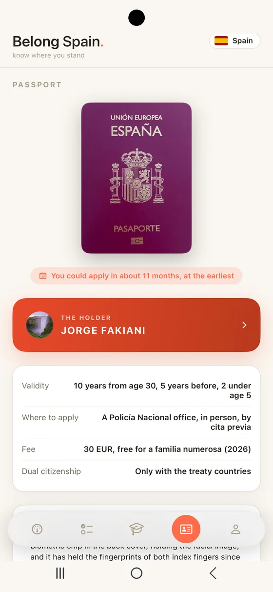 Belong Spain Passport tab on Android with the Spanish passport cover and the holder's name