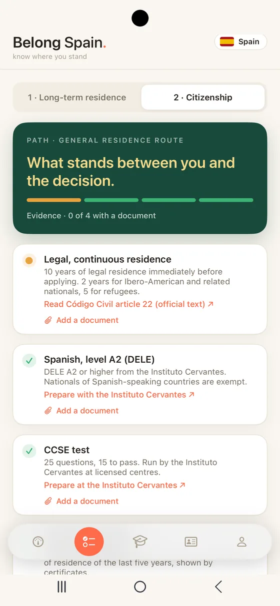 Belong Spain Path tab on Android with the two stages, long-term residence and citizenship, and every requirement for nationality by residence