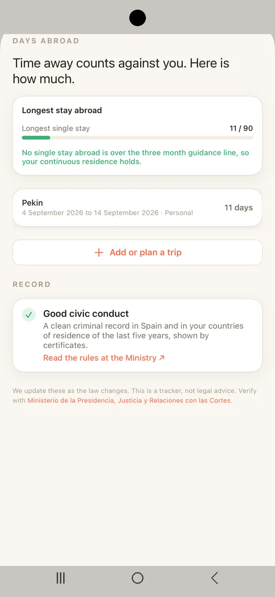 Belong Spain Standing tab on Android measuring the longest stay abroad against the three month guidance line