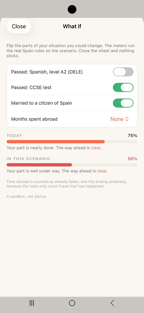 Belong Spain What if sheet on Android running a scenario