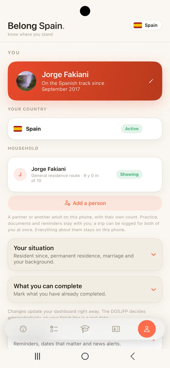 Belong Spain You tab on Android with the Household section: a second person on the same phone