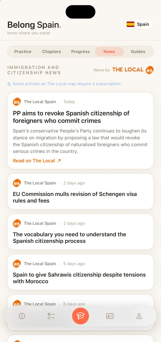 Belong Spain News segment on iPhone with immigration and nationality stories from The Local Spain