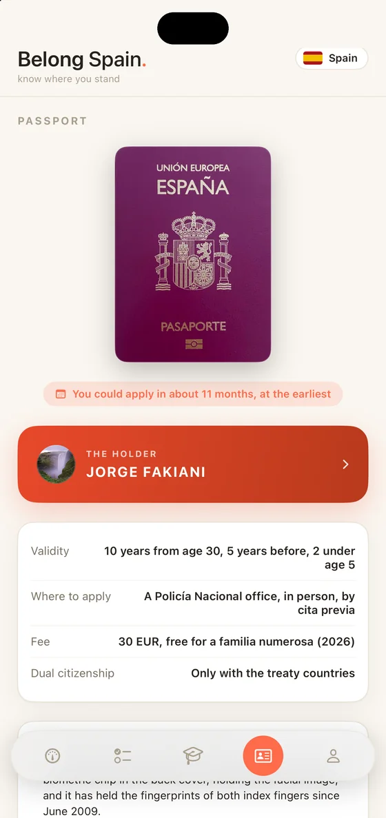 Belong Spain Passport tab on iPhone with the Spanish passport cover and the holder's name