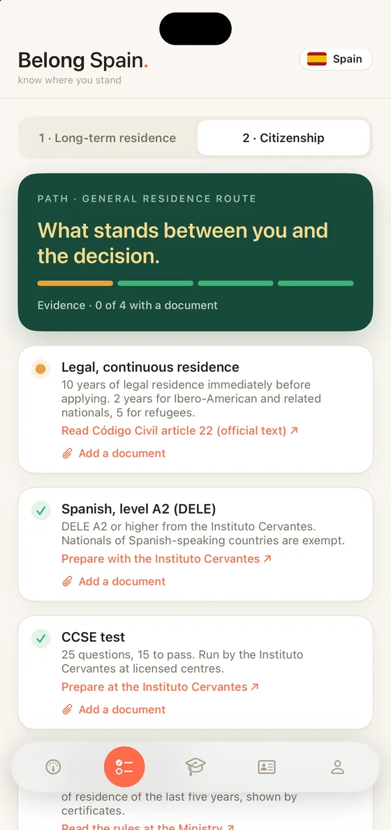 Belong Spain Path tab on iPhone with the two stages, long-term residence and citizenship, and every requirement for nationality by residence