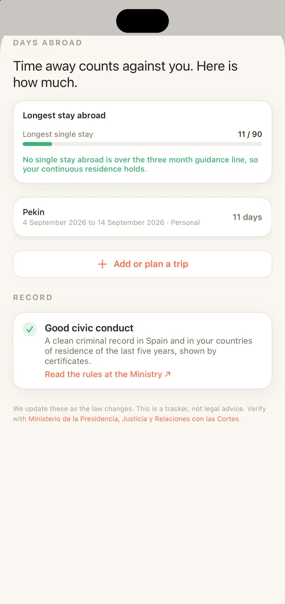 Belong Spain Standing tab on iPhone measuring the longest stay abroad against the three month guidance line