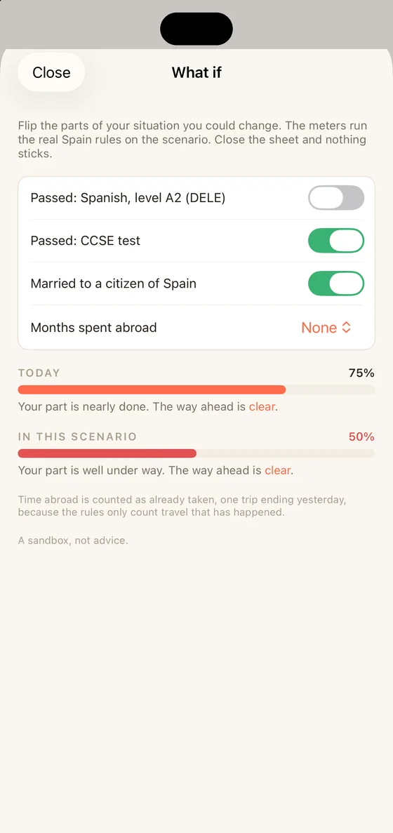 Belong Spain What if sheet on iPhone running a scenario