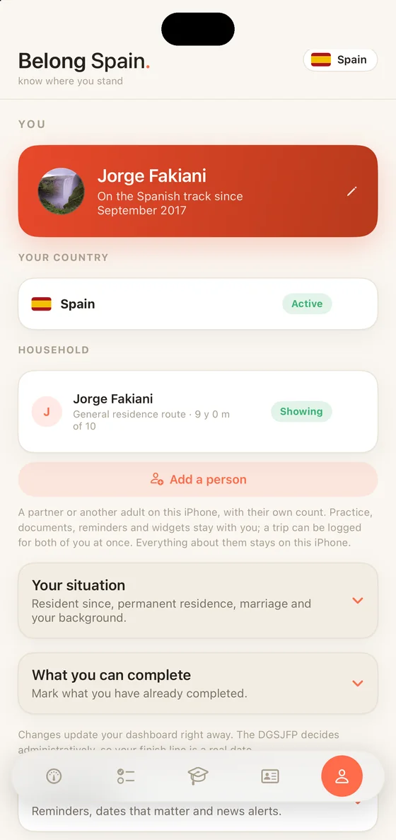 Belong Spain You tab on iPhone with the Household section: a second person on the same phone